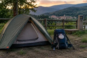 Barraca montada em camping oficial, opção para acampar no Caminho de Santiago