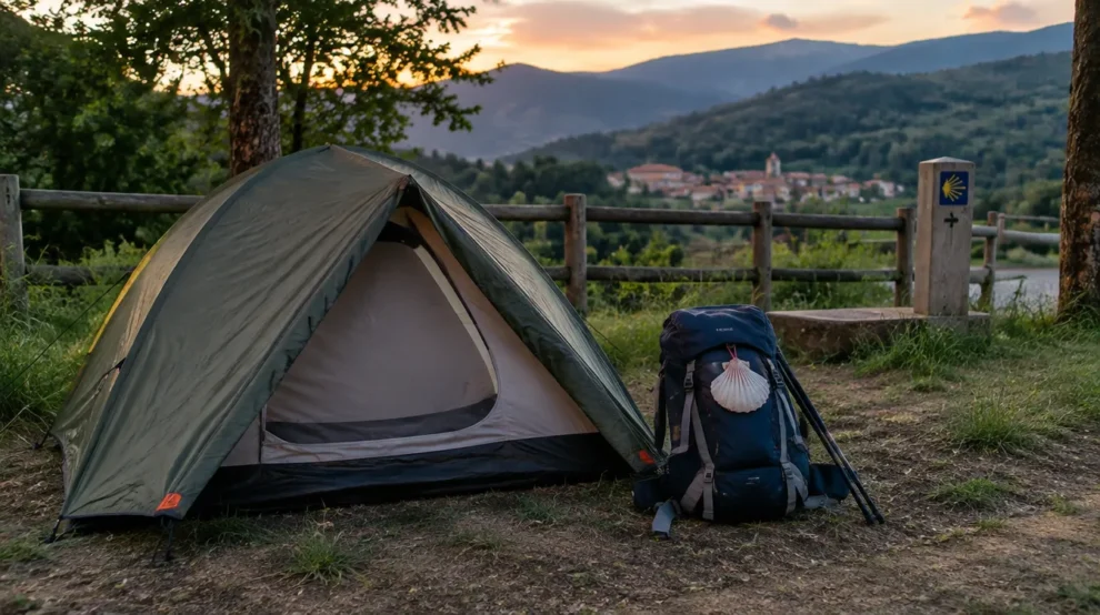 Barraca montada em camping oficial, opção para acampar no Caminho de Santiago