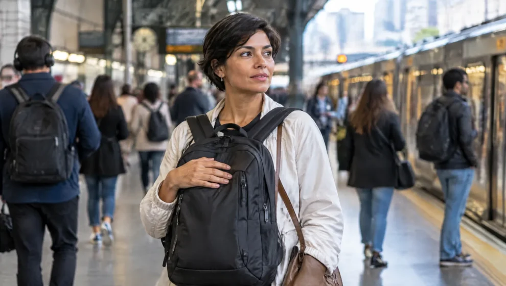 Mochileira usando a mochila na frente do corpo em estação de metrô movimentada