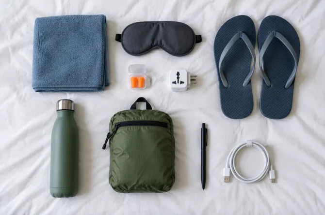 Acessórios de viagem organizados sobre lençol branco: toalha de microfibra, máscara de dormir, protetor auricular, adaptador, chinelo, garrafa e mochila dobrável