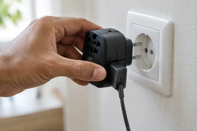 Mão encaixando adaptador universal de tomada com carregador USB-C numa tomada europeia de parede