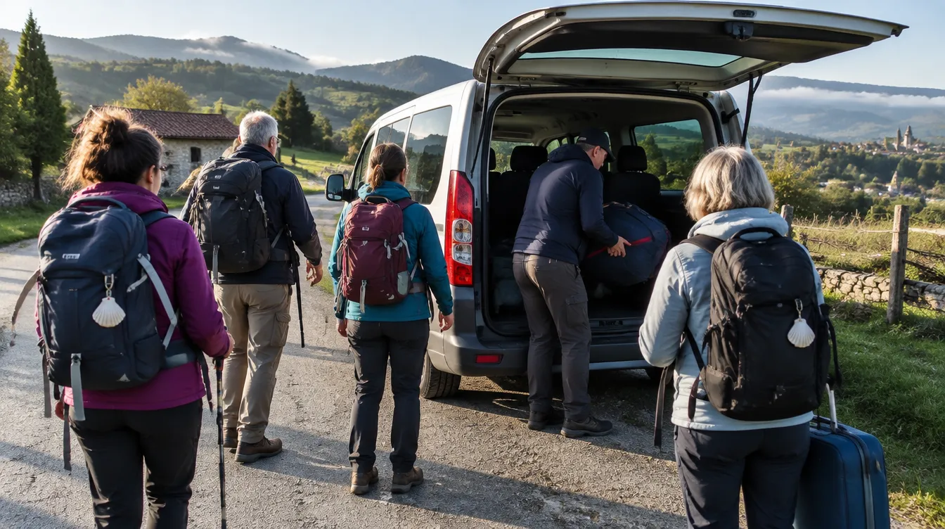 Grupo guiado de peregrinos com van de apoio carregando bagagem em estrada rural da Espanha
