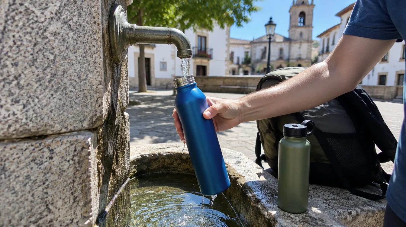 Garrafa sendo enchida em torneira pública com água potável no Caminho de Santiago