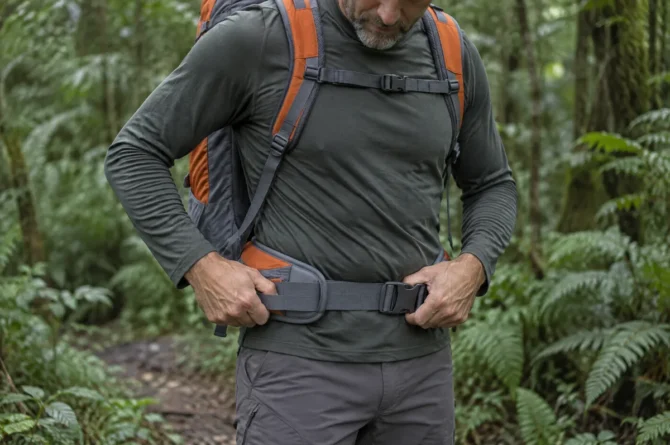 Trilheiro ajustando a barrigueira da mochila de ataque em trilha na Mata Atlântica
