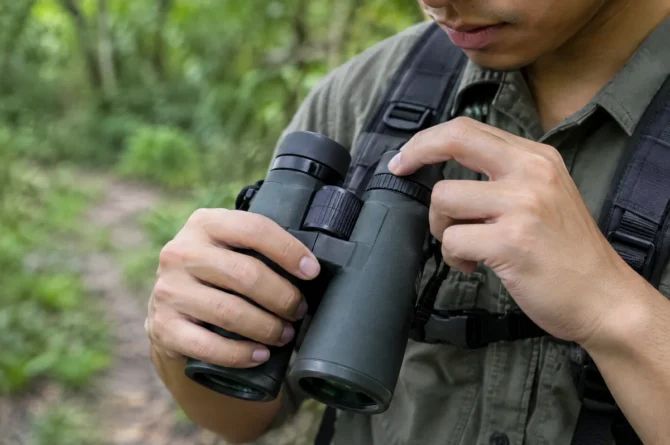 Mãos ajustando o anel de dioptria na ocular de um binóculo, com mata desfocada ao fundo