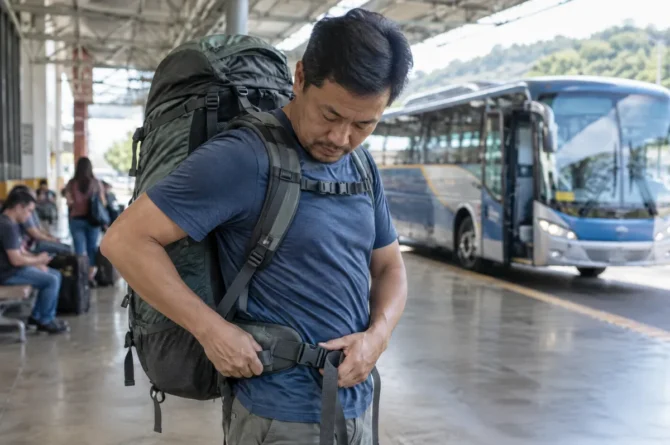 Mochileiro ajustando a barrigueira da mochila cargueira numa plataforma de rodoviária