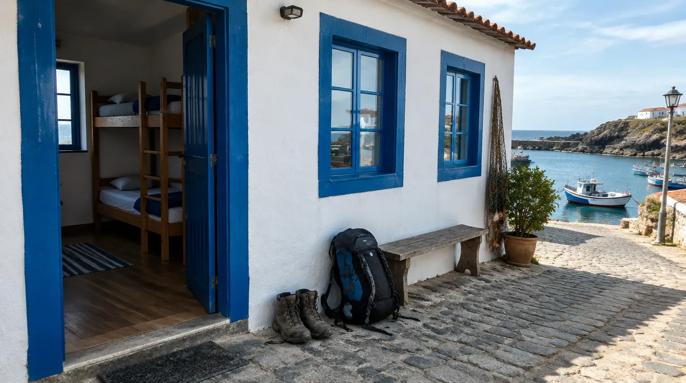 Albergue de peregrinos de paredes brancas em vila de pescadores no Caminho Português pela Costa