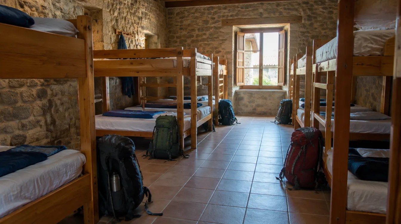 Dormitório com beliches de madeira em albergue do Caminho de Santiago