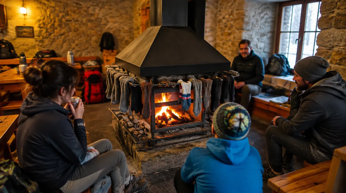 Peregrinos junto à lareira em albergue aberto no inverno do Caminho de Santiago