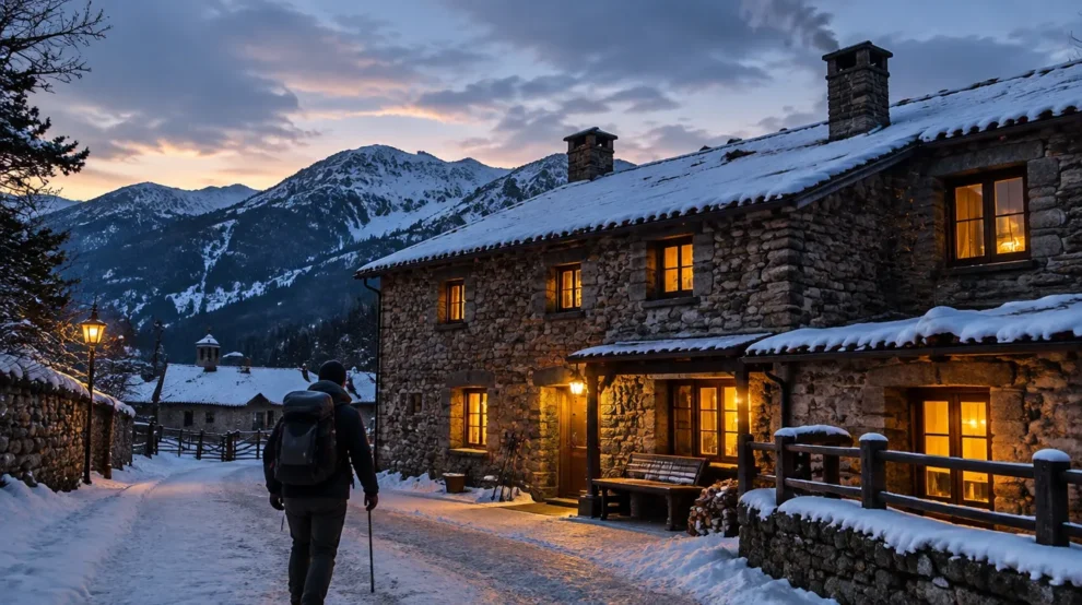 Albergue de pedra em vilarejo com neve: albergues no inverno do Caminho de Santiago