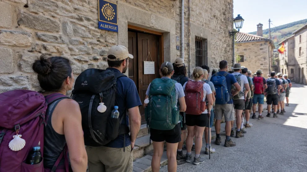 Fila de peregrinos diante de um dos albergues lotados do Caminho de Santiago