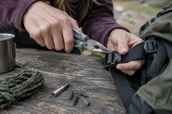 Mãos usando um alicate multiferramenta para ajustar a fivela de uma mochila sobre mesa de camping