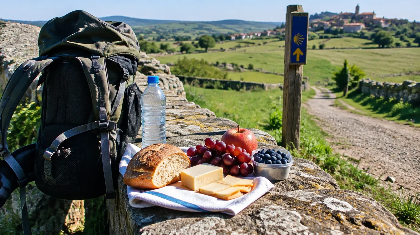 Lanche com pão, queijo e frutas à beira da trilha do Caminho de Santiago