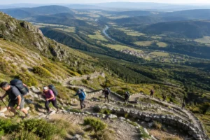 Peregrinos em subida íngreme, trecho de altimetria exigente no Caminho de Santiago