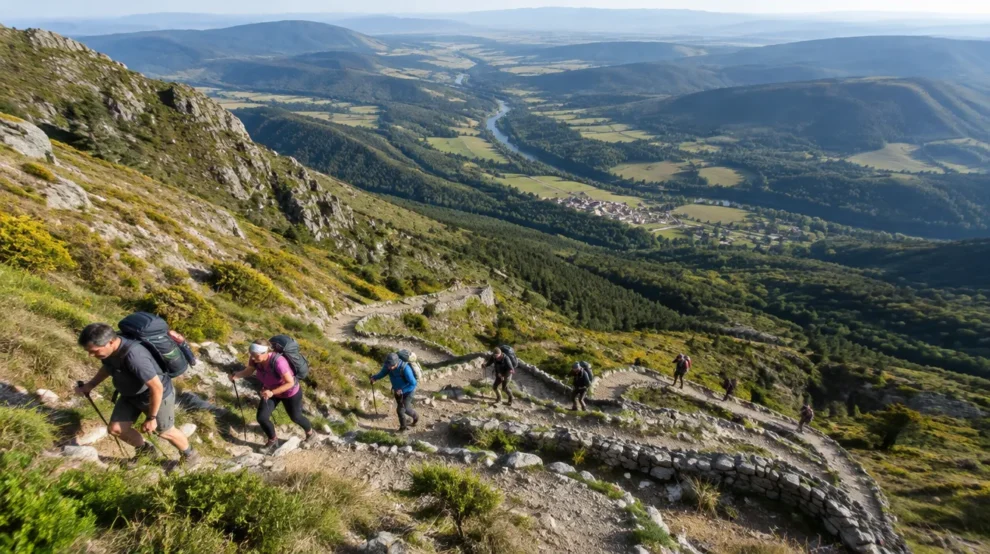 Peregrinos em subida íngreme, trecho de altimetria exigente no Caminho de Santiago