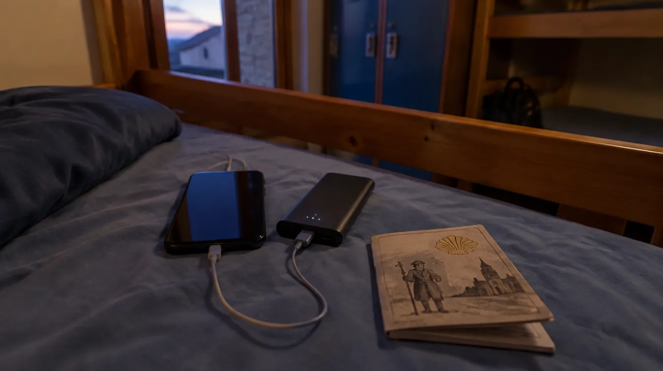 Celular carregando no albergue para usar o aplicativo do Caminho de Santiago no dia seguinte