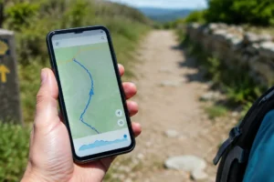 Peregrino usando aplicativo do Caminho de Santiago no celular durante a trilha