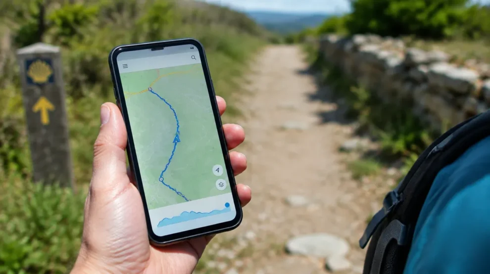 Peregrino usando aplicativo do Caminho de Santiago no celular durante a trilha