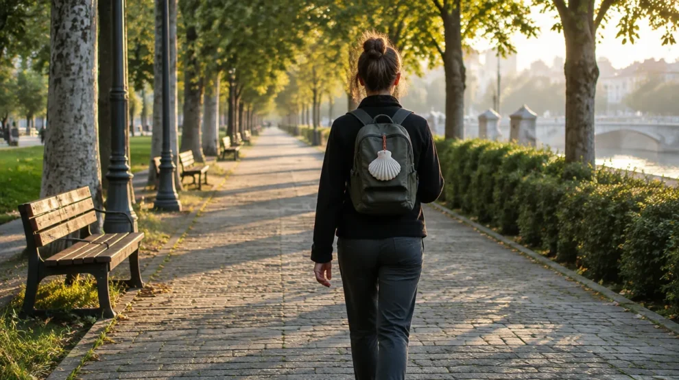 Pessoa caminhando em parque da cidade com concha na mochila, aprendizados do Caminho de Santiago no cotidiano