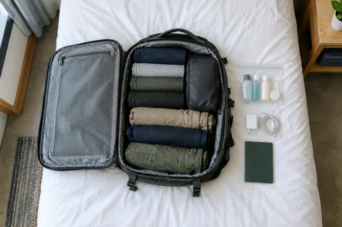 Mochila de viagem com abertura tipo mala sobre a cama, com roupas enroladas e bolsinha de documentos ao lado