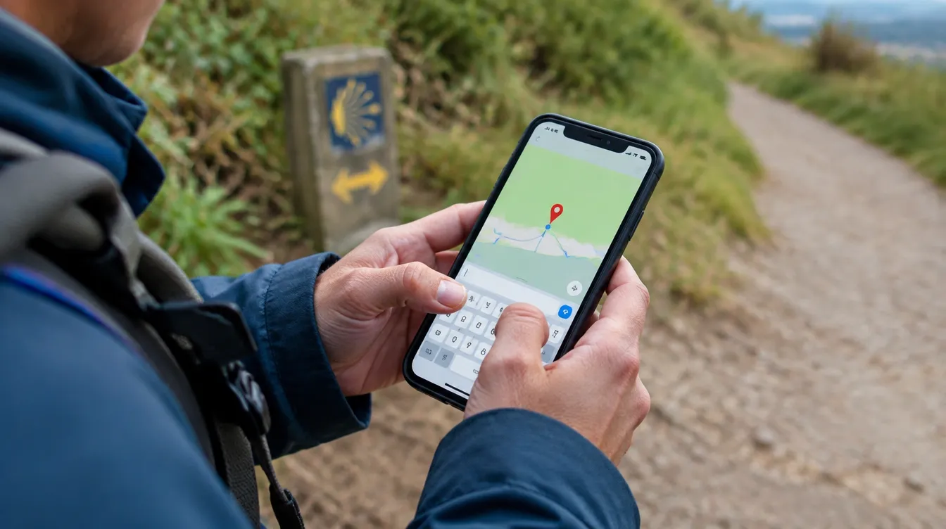 Peregrino enviando a localização pelo celular para avisar a família no Caminho de Santiago