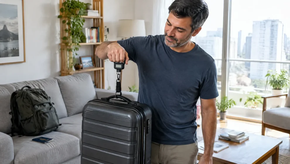 Viajante pesando a mala com balança digital portátil na sala de casa antes da viagem