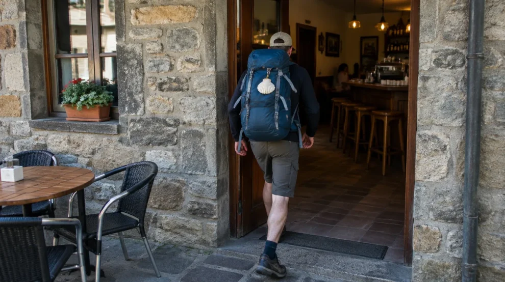 Peregrino entrando em bar de vilarejo, onde costuma usar os banheiros no Caminho de Santiago
