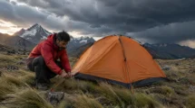 Montanhista agachado ajustando a espia de uma barraca laranja em campo de altitude com nuvens carregadas