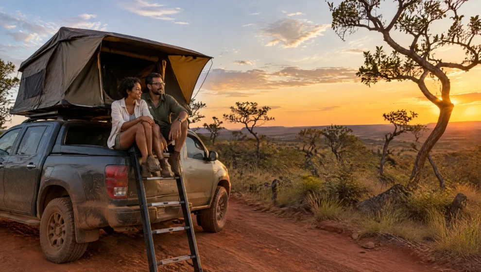 Casal sentado na escada de uma barraca de teto aberta sobre uma caminhonete em estrada de terra no cerrado ao entardecer