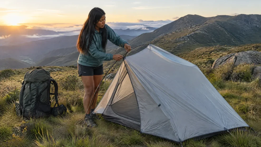 Trilheira montando sozinha uma barraca ultraleve cinza em clareira de campo de altitude, com mochila cargueira ao lado