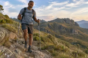 Caminhante descendo trilha de pedra em serra com dois bastões de trekking