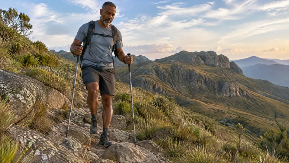 Caminhante descendo trilha de pedra em serra com dois bastões de trekking