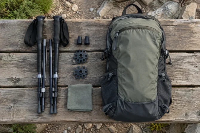 Bastões de trekking dobrados ao lado de mochila de ataque, ponteiras de borracha e cestinhas sobre banco de madeira