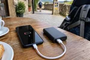 Celular com bateria fraca ligado ao power bank: bateria do celular no Caminho de Santiago