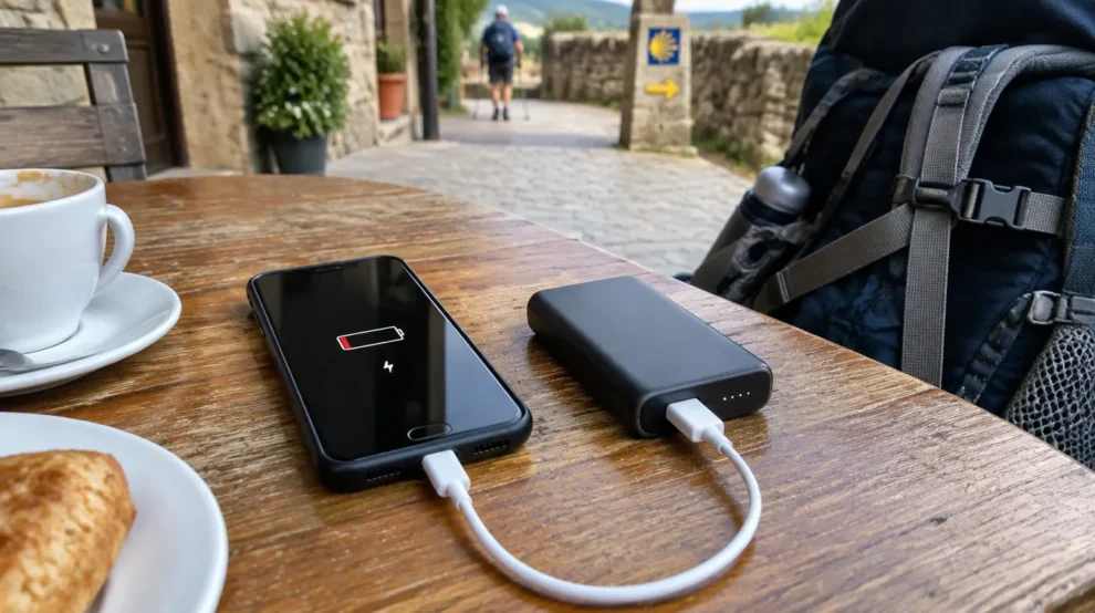 Celular com bateria fraca ligado ao power bank: bateria do celular no Caminho de Santiago