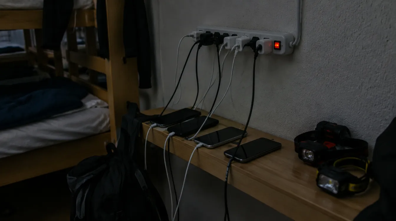 Celulares carregando na tomada compartilhada do albergue no Caminho de Santiago