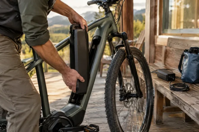 Ciclista removendo a bateria da bicicleta elétrica para recarregar na varanda de uma pousada rural