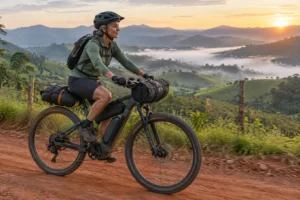 Cicloturista com bicicleta elétrica carregada de bolsas em estrada de terra entre montanhas ao amanhecer