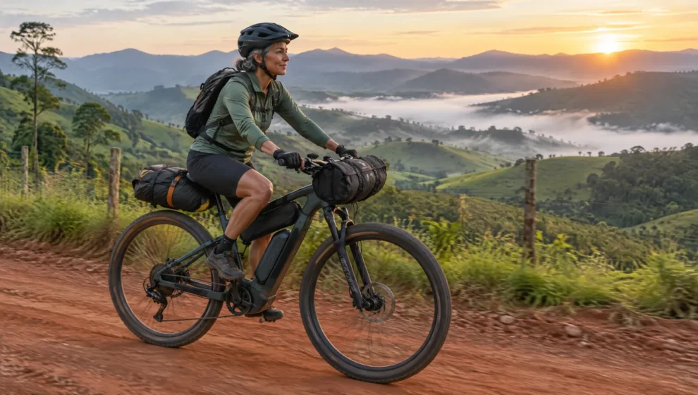 Cicloturista com bicicleta elétrica carregada de bolsas em estrada de terra entre montanhas ao amanhecer