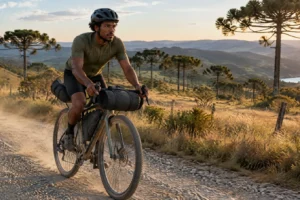 Ciclista com bicicleta gravel equipada com bolsas de bikepacking em estrada de cascalho no campo