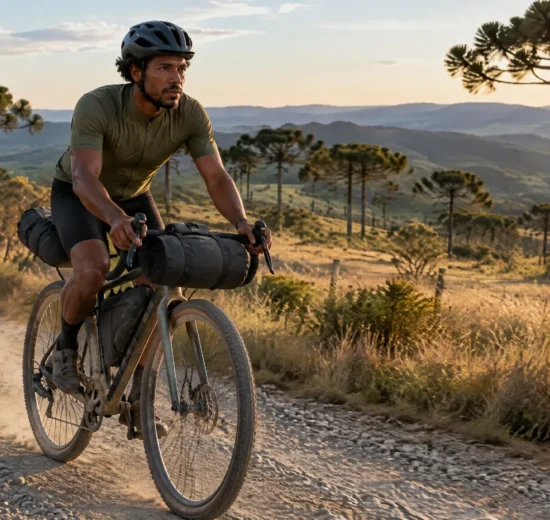 Ciclista com bicicleta gravel equipada com bolsas de bikepacking em estrada de cascalho no campo