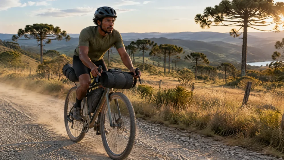 Ciclista com bicicleta gravel equipada com bolsas de bikepacking em estrada de cascalho no campo
