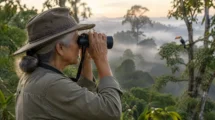 Observadora de aves usando binóculo na borda da mata atlântica ao amanhecer, com névoa entre as árvores