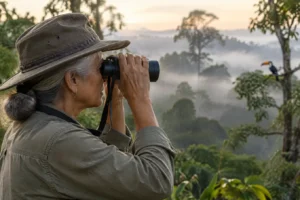 Observadora de aves usando binóculo na borda da mata atlântica ao amanhecer, com névoa entre as árvores