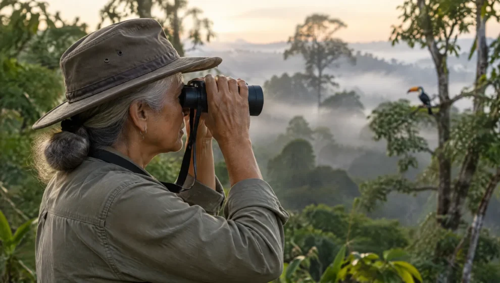 Observadora de aves usando binóculo na borda da mata atlântica ao amanhecer, com névoa entre as árvores