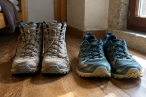 Bota de trilha e tênis de trail lado a lado: bota ou tênis para o Caminho de Santiago
