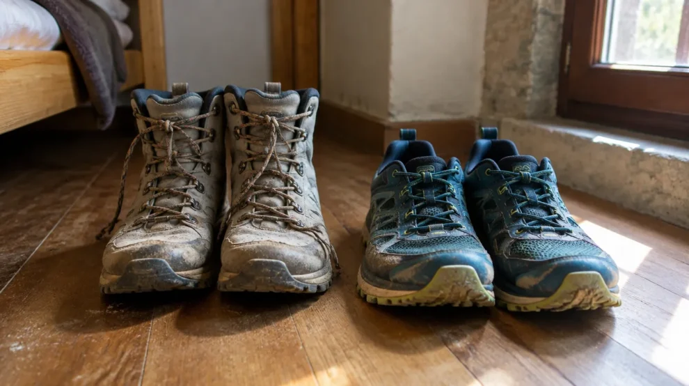 Bota de trilha e tênis de trail lado a lado: bota ou tênis para o Caminho de Santiago