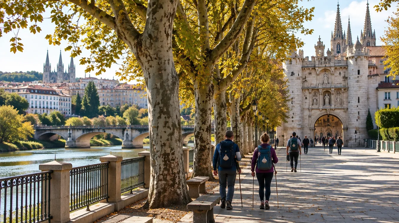 Passeio à beira-rio em Burgos com o arco da cidade, no Caminho de Santiago