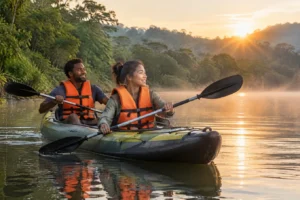 Dupla remando caiaque inflável em lagoa calma cercada de mata ao amanhecer, ambos com colete salva-vidas