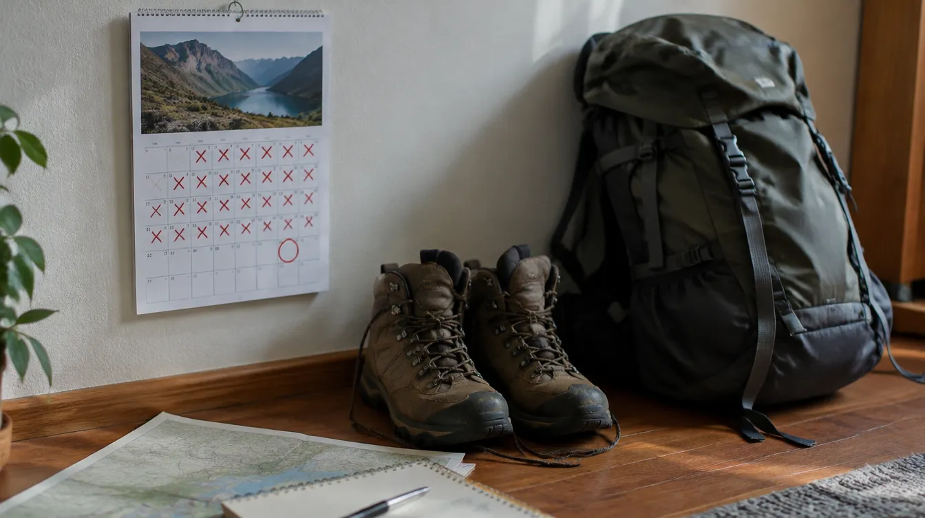 Calendário com dias marcados ao lado de botas e mochila para calcular os dias do Caminho de Santiago